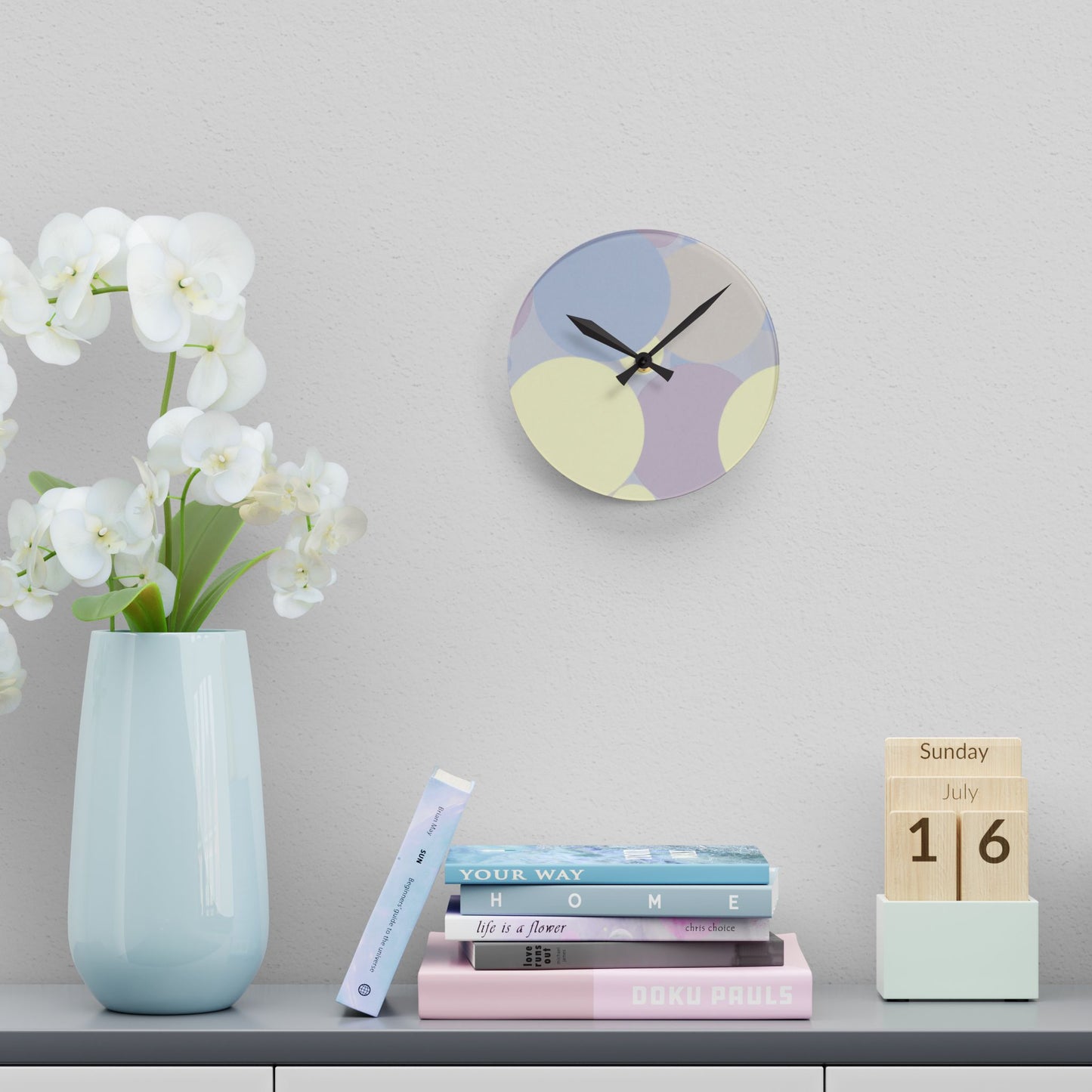 Pastel Soft Blue and Soft White Patches Acrylic Round Wall Clock, 8" x 8"