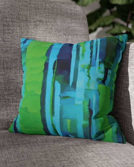 Striped Blue Green Spun Polyester Square Pillowcase, 14" x 14"