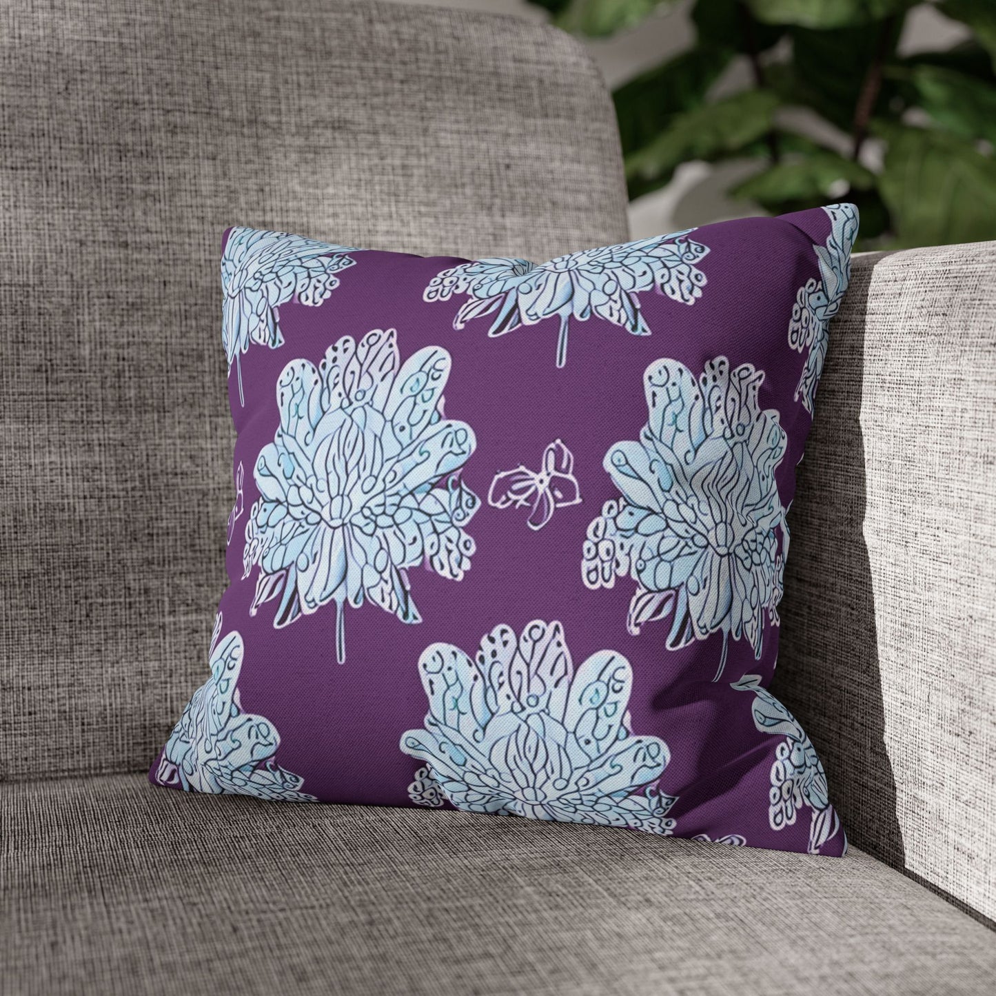 Blue Floral Butterflies Spun Polyester Square Pillowcase, 14" x 14"