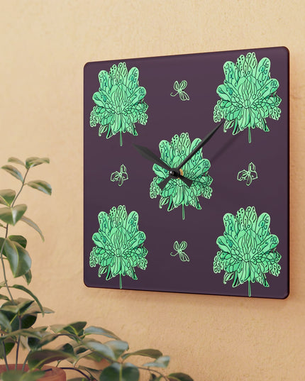 Mint Green Floral Butterflies Acrylic Wall Clock, Round or Square, 10.75" x 10.75"