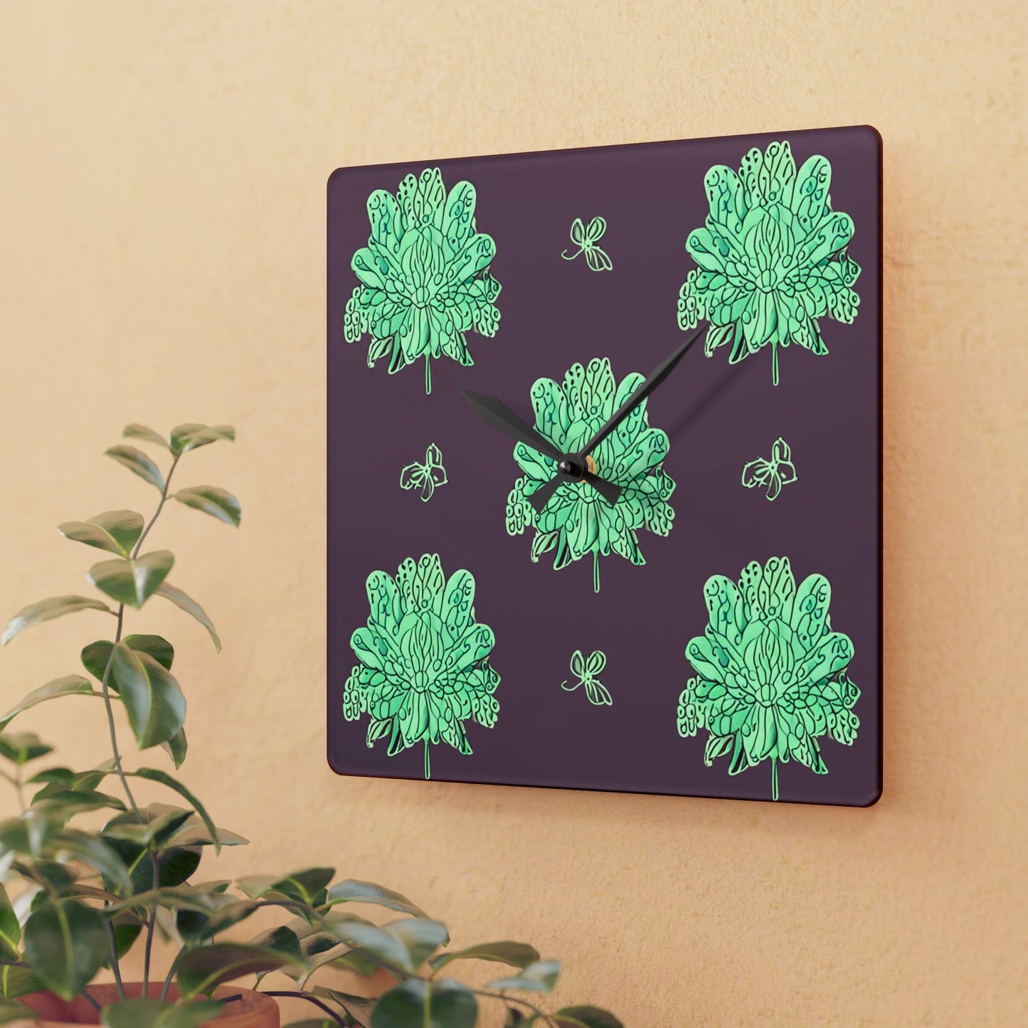 Mint Green Floral Butterflies Acrylic Wall Clock, Round or Square, 10.75" x 10.75"