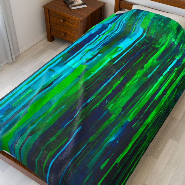 Striped Blue Green Velveteen Plush Blanket, 60" x 80"