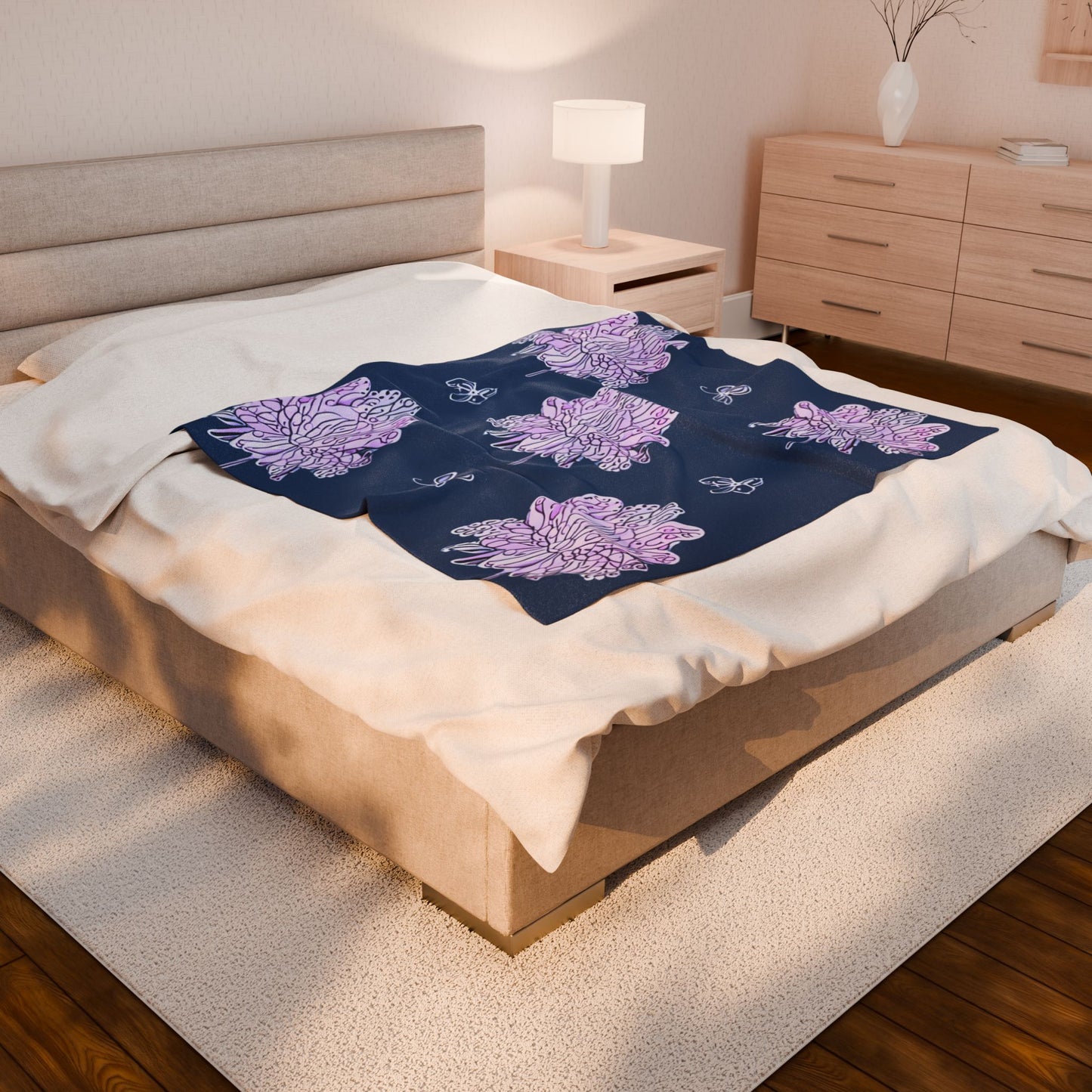 Purple White Floral Butterflies Velveteen Plush Blanket, 50" x 60"