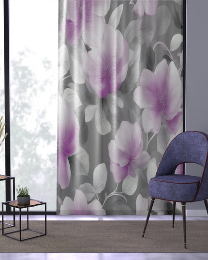 Purple Blossom Floral Bunch Sheer Window Curtain, 50" x 84", partially transparent