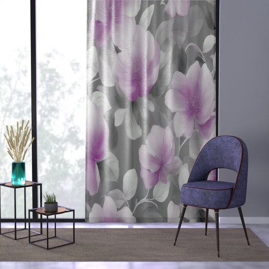 Purple Blossom Floral Bunch Sheer Window Curtain, 50" x 84", partially transparent