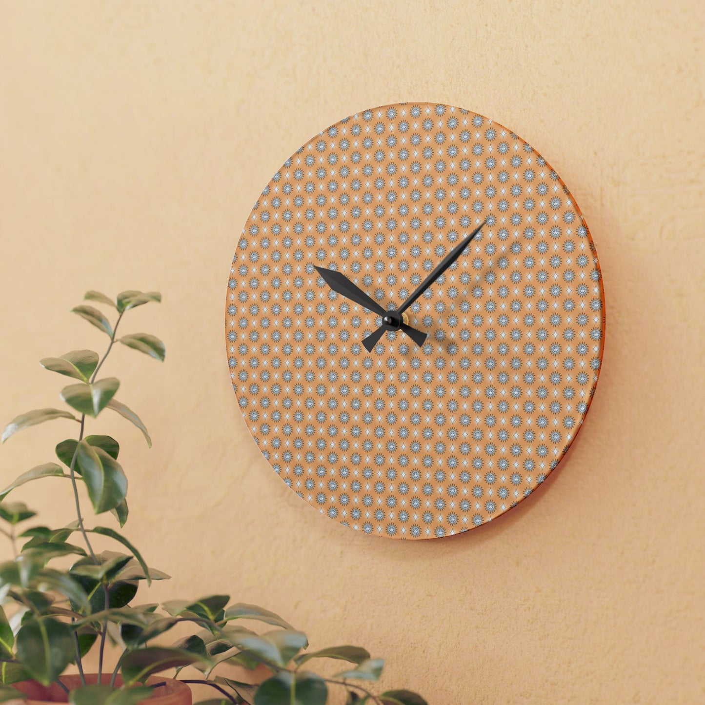 Tan Sunset Star-crossed Bodies Acrylic Wall Clock, Round or Square, 10.75" x 10.75"