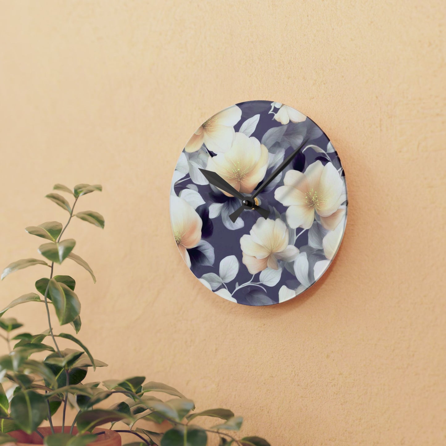 White Blush Floral Bunch Acrylic Round Wall Clock, 8" x 8"