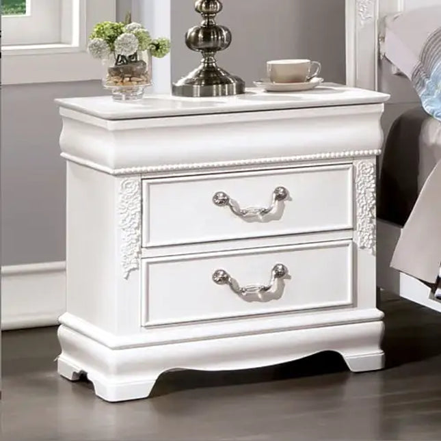 White Solid Wood 1pc Nightstand With Nickel Pulls, 2-drawers