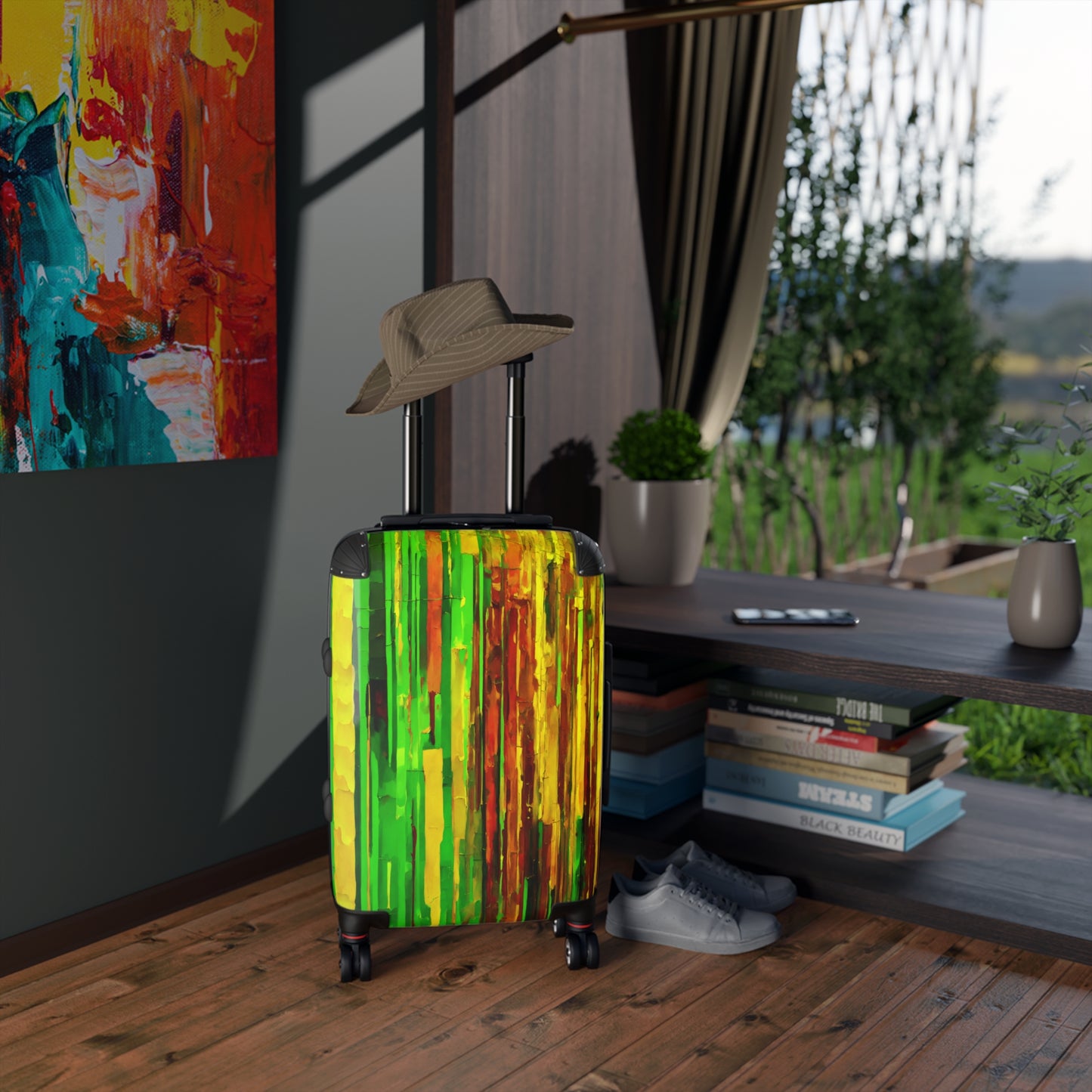 Striped Blue Green Small Suitcase with built in lock, 4 double-wheels, telescopic handle, and ABS back hard-shell