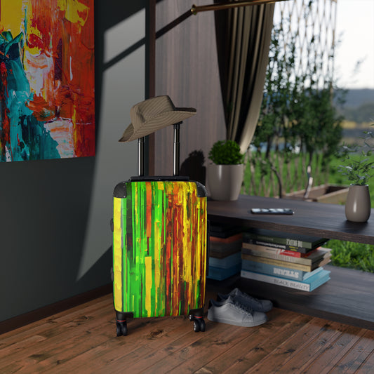 Striped Blue Green Small Suitcase with built in lock, 4 double-wheels, telescopic handle, and ABS back hard-shell