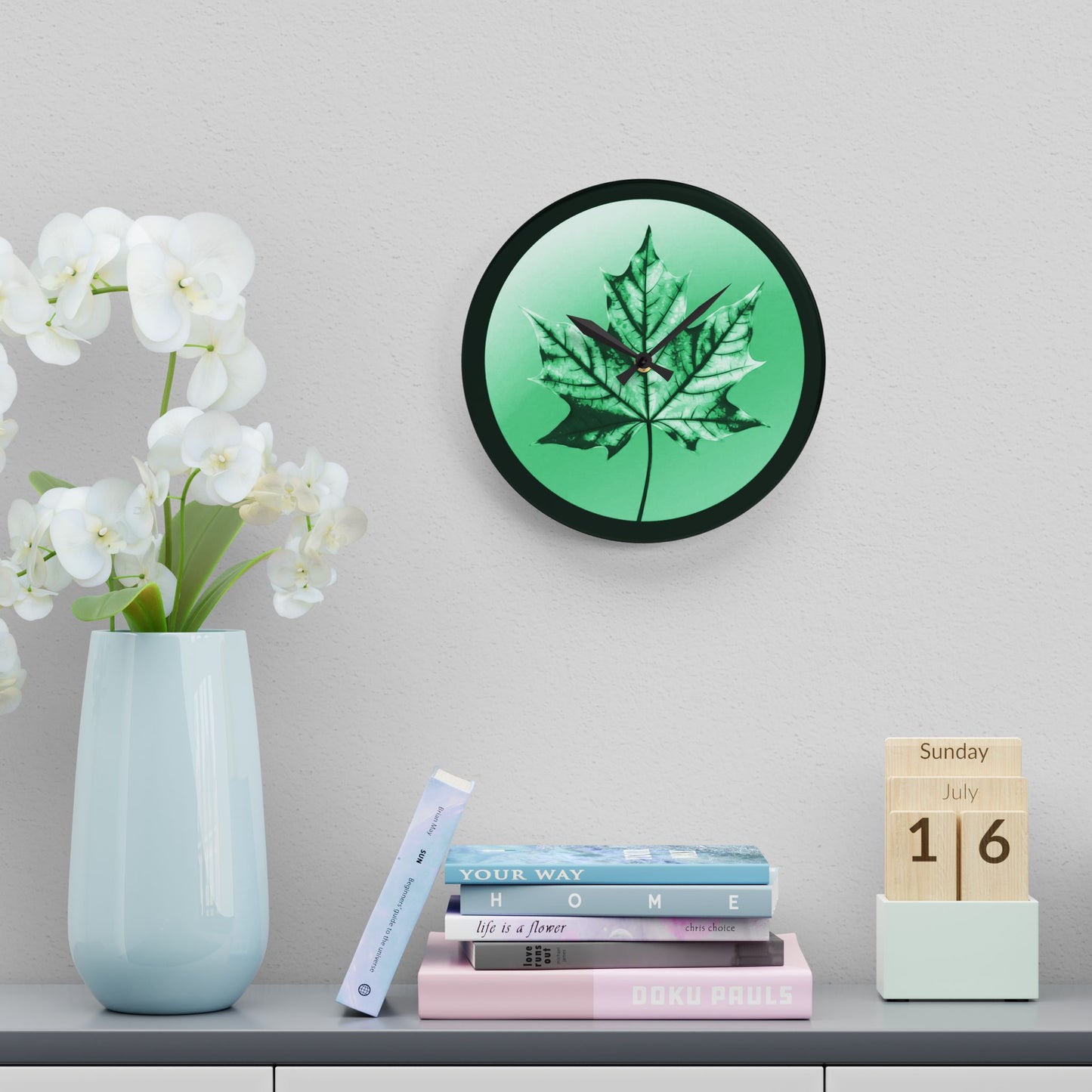 Mint Green Maple Leaf Acrylic Wall Clock, Round or Square, 10.75" x 10.75"