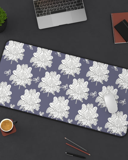 White Floral Butterflies 16" x 32" Desk Mat