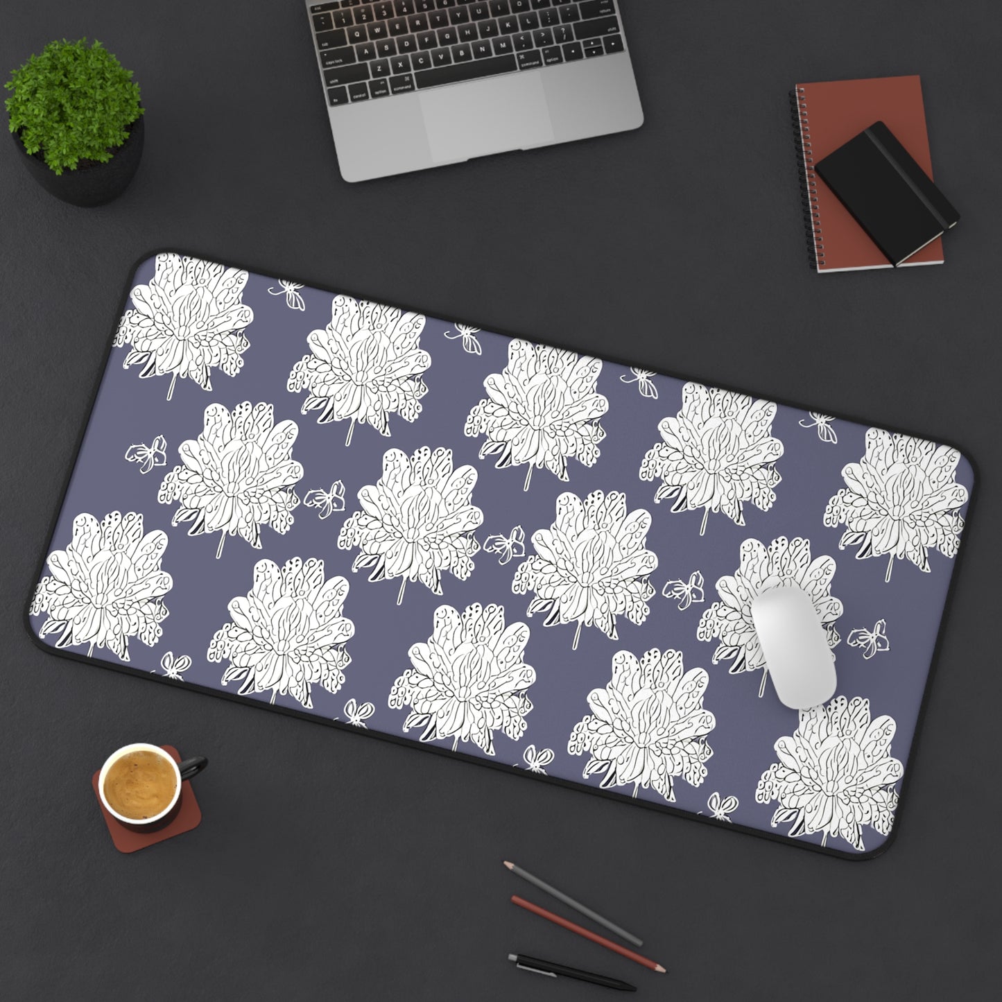 White Floral Butterflies 16" x 32" Desk Mat