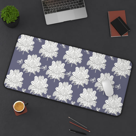 White Floral Butterflies 16" x 32" Desk Mat