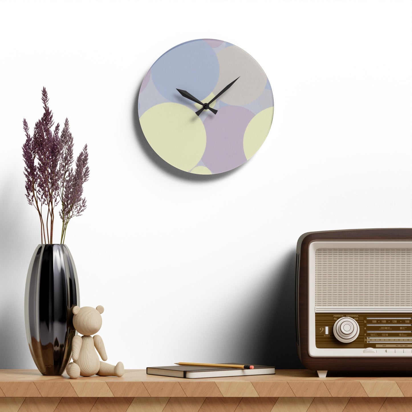 Pastel Soft Blue and Soft White Patches Acrylic Wall Clock, Round or Square, 10.75" x 10.75"