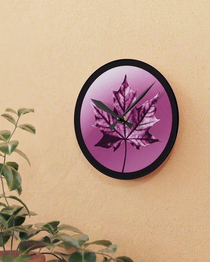 Magenta Maple Leaf Acrylic Round Wall Clock, 8" x 8"