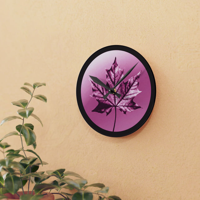 Magenta Maple Leaf Acrylic Round Wall Clock, 8" x 8"
