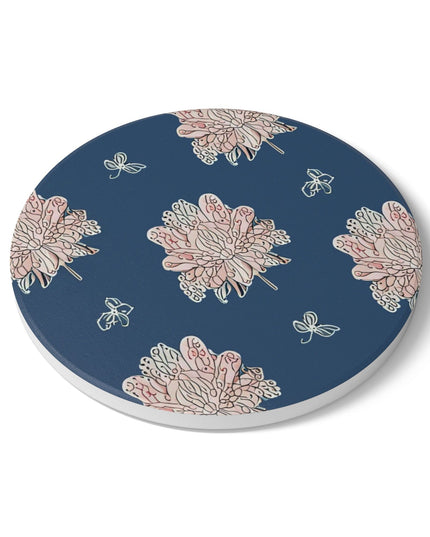 Rose White Floral Butterflies 4" x 4" Round Ceramic Coaster