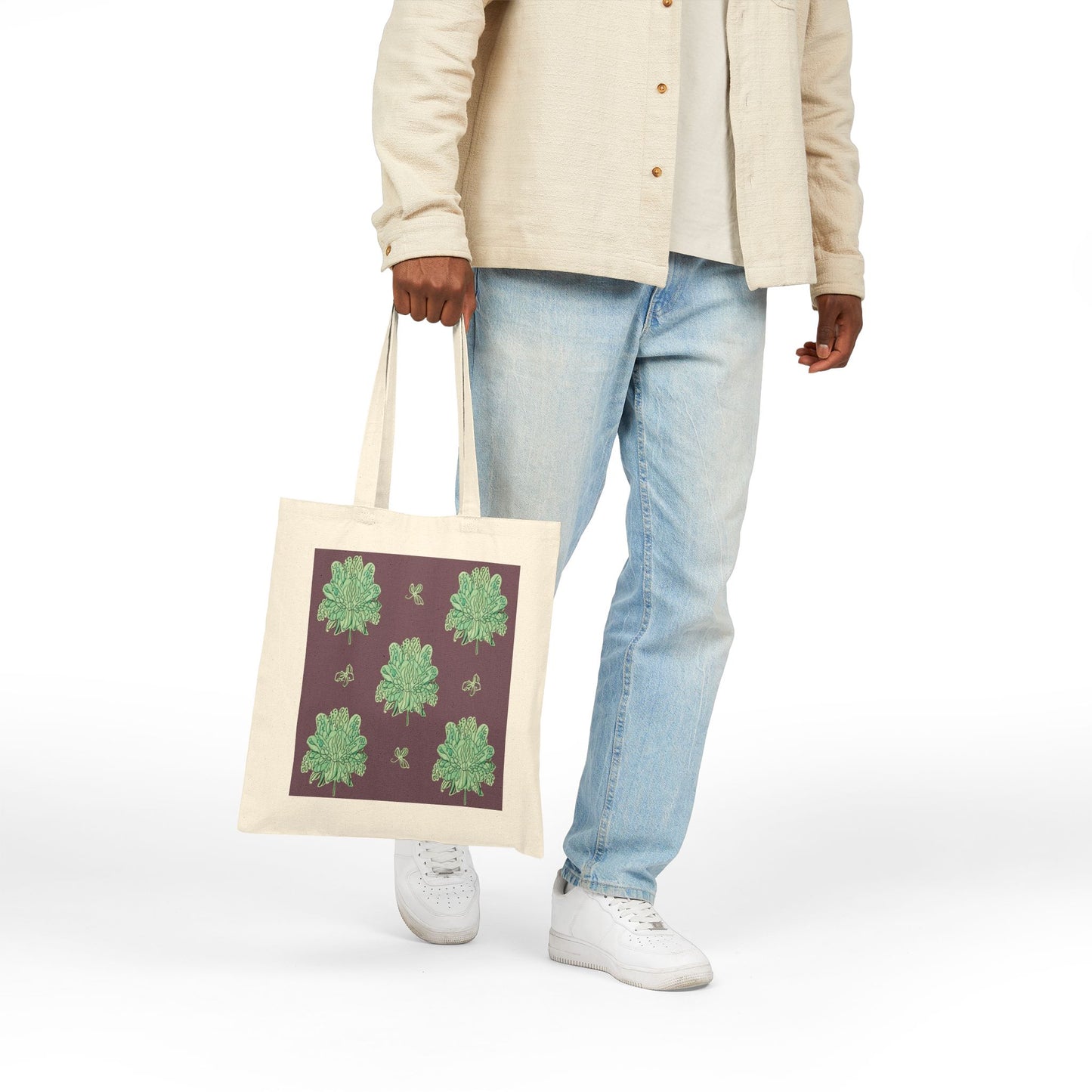 Mint Green Floral Butterflies Cotton Canvas Tote Bag
