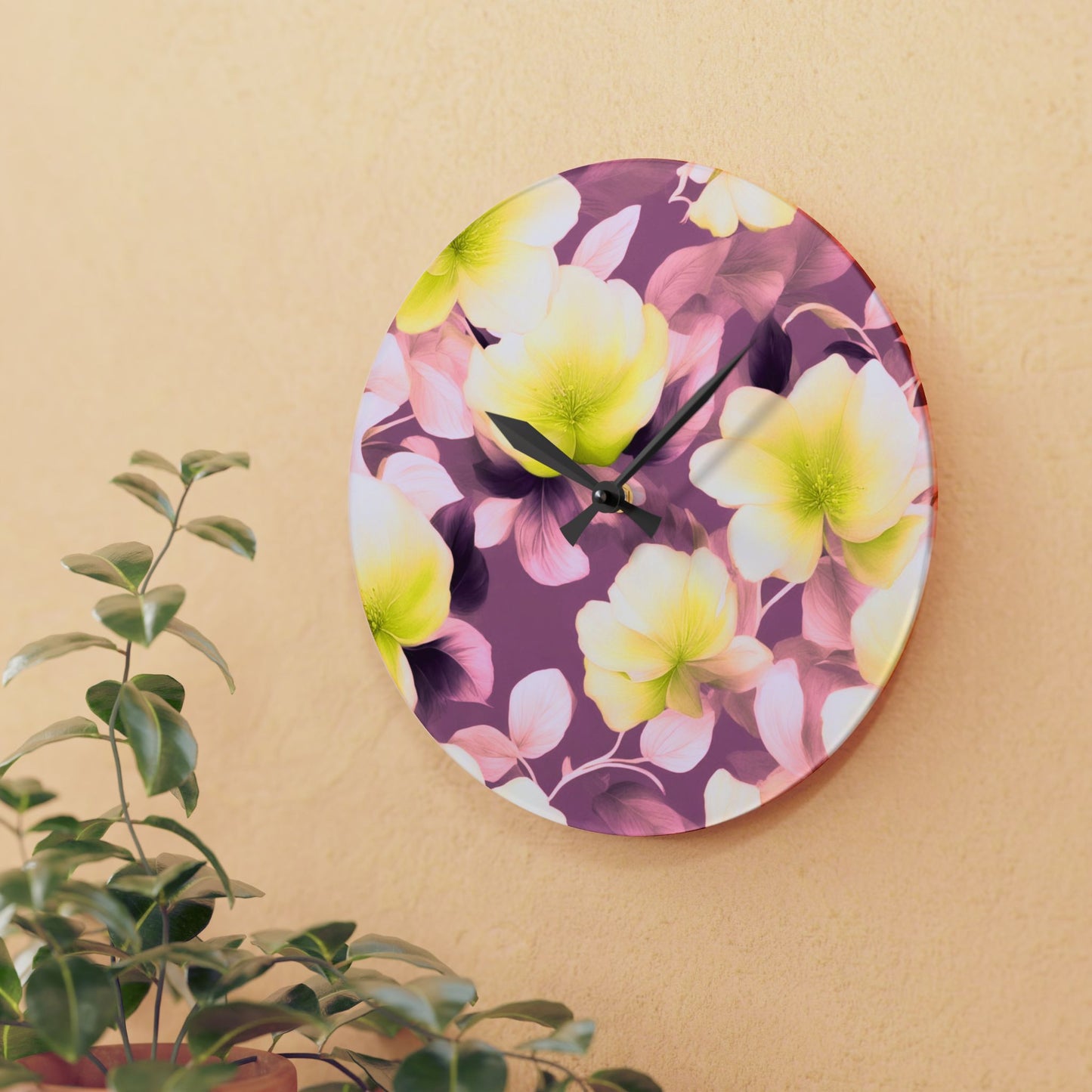 Lemon Blossom Floral Bunch Acrylic Wall Clock, Round or Square, 10.75" x 10.75"