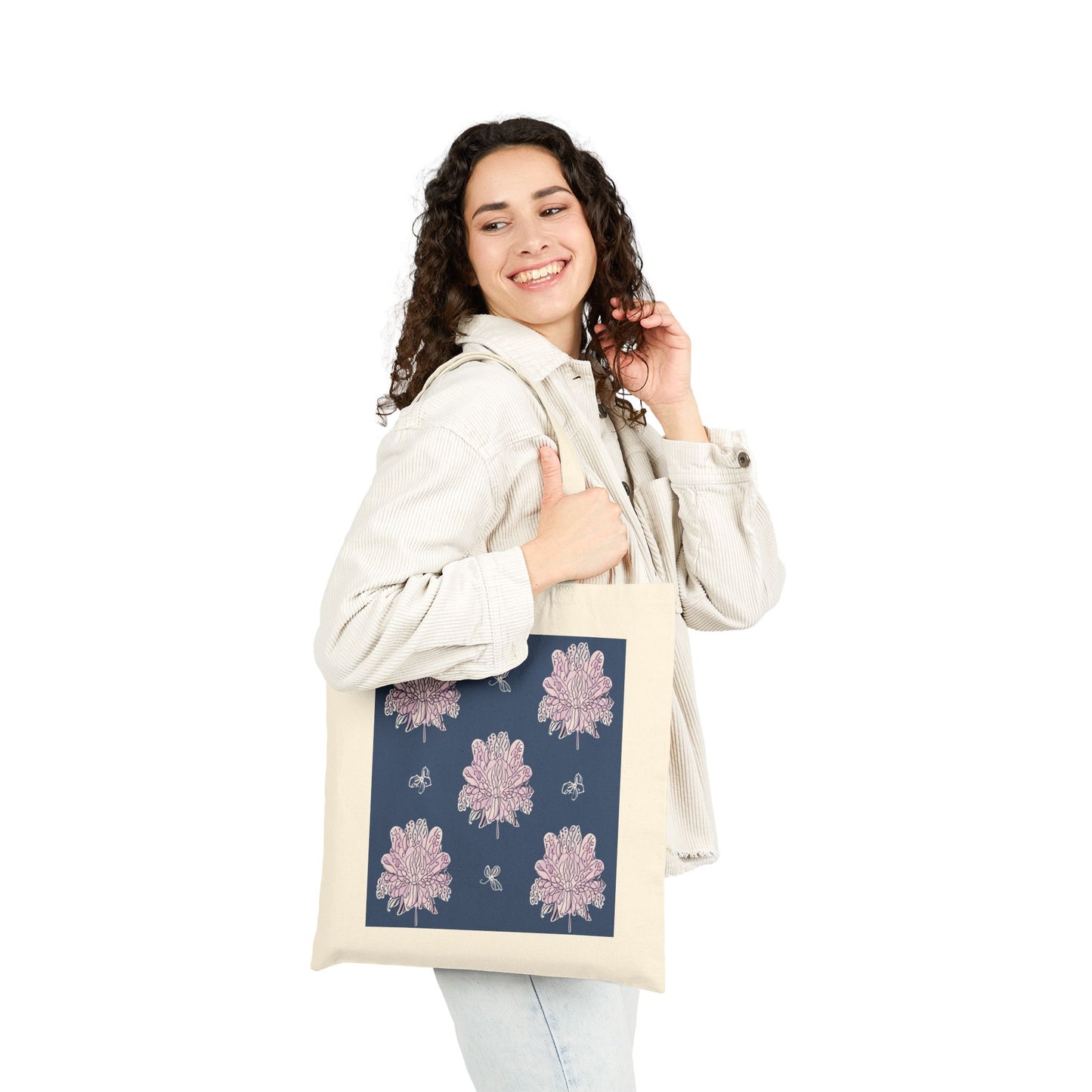 Purple White Floral Butterflies Cotton Canvas Tote Bag
