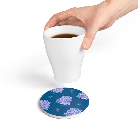 Lavender Floral Butterflies 4" x 4" Round Ceramic Coaster