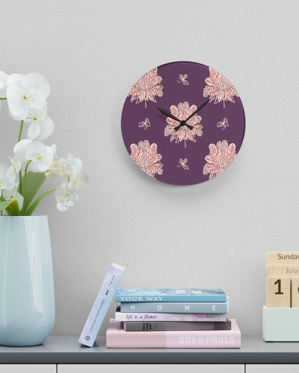 Pink Floral Butterflies Acrylic Wall Clock, Round or Square, 10.75" x 10.75"