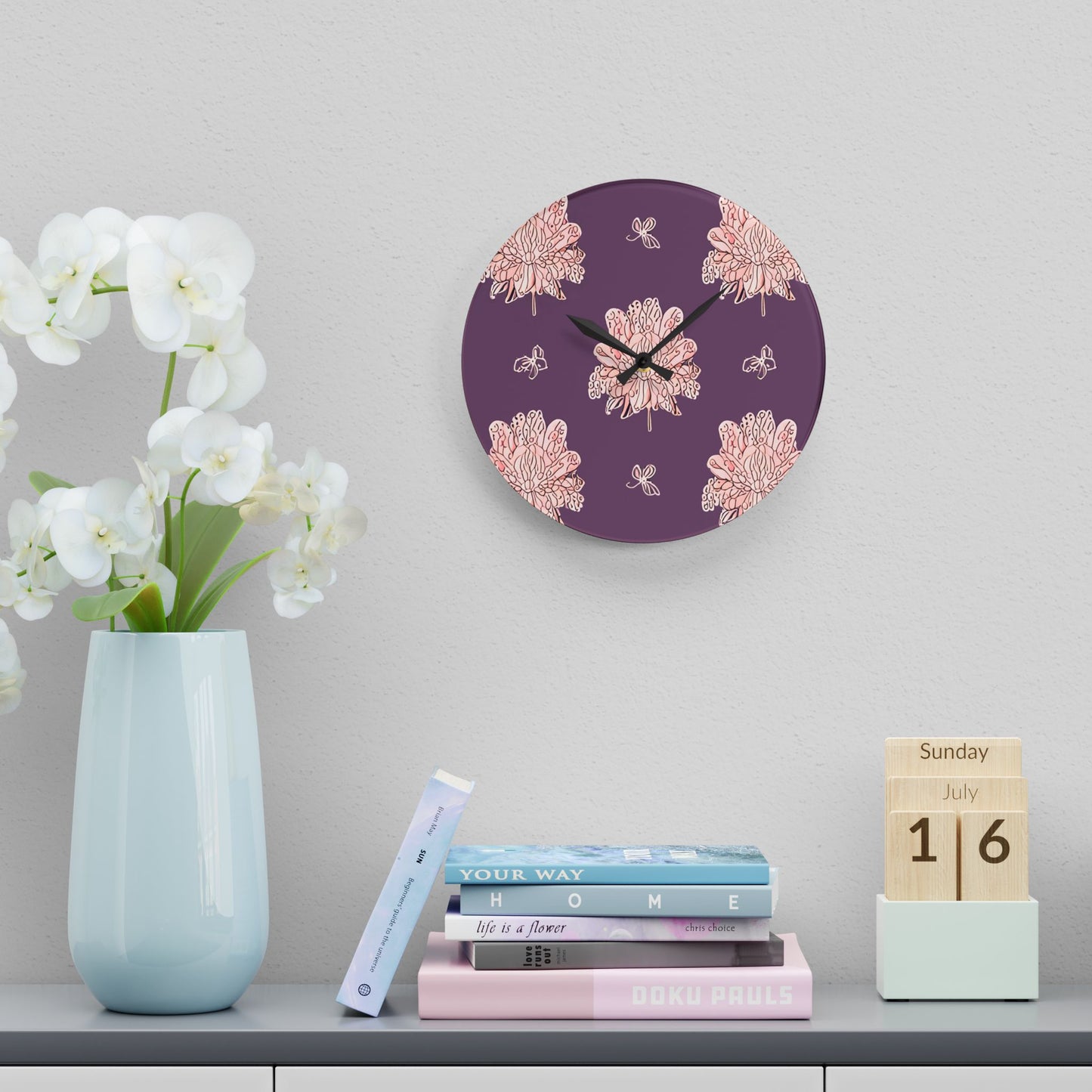 Pink Floral Butterflies Acrylic Wall Clock, Round or Square, 10.75" x 10.75"