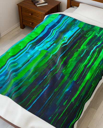 Striped Blue Green Velveteen Plush Blanket, 50" x 60"