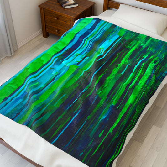Striped Blue Green Velveteen Plush Blanket, 50" x 60"
