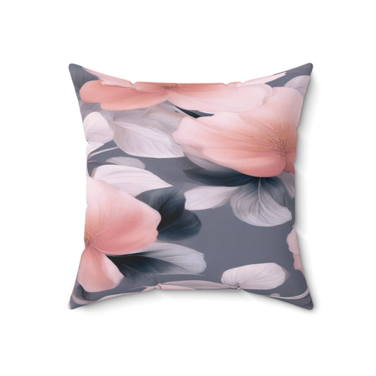 Peach and Blue Gray Floral Bunch Faux Suede Square Pillow, 18" x 18"