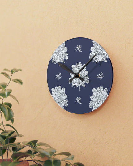 White Floral Butterflies Acrylic Round Wall Clock, 8" x 8"