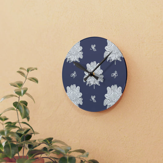 White Floral Butterflies Acrylic Round Wall Clock, 8" x 8"