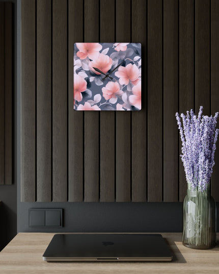 Peach and Blue Gray Floral Bunch Acrylic Wall Clock, Round or Square, 10.75" x 10.75"