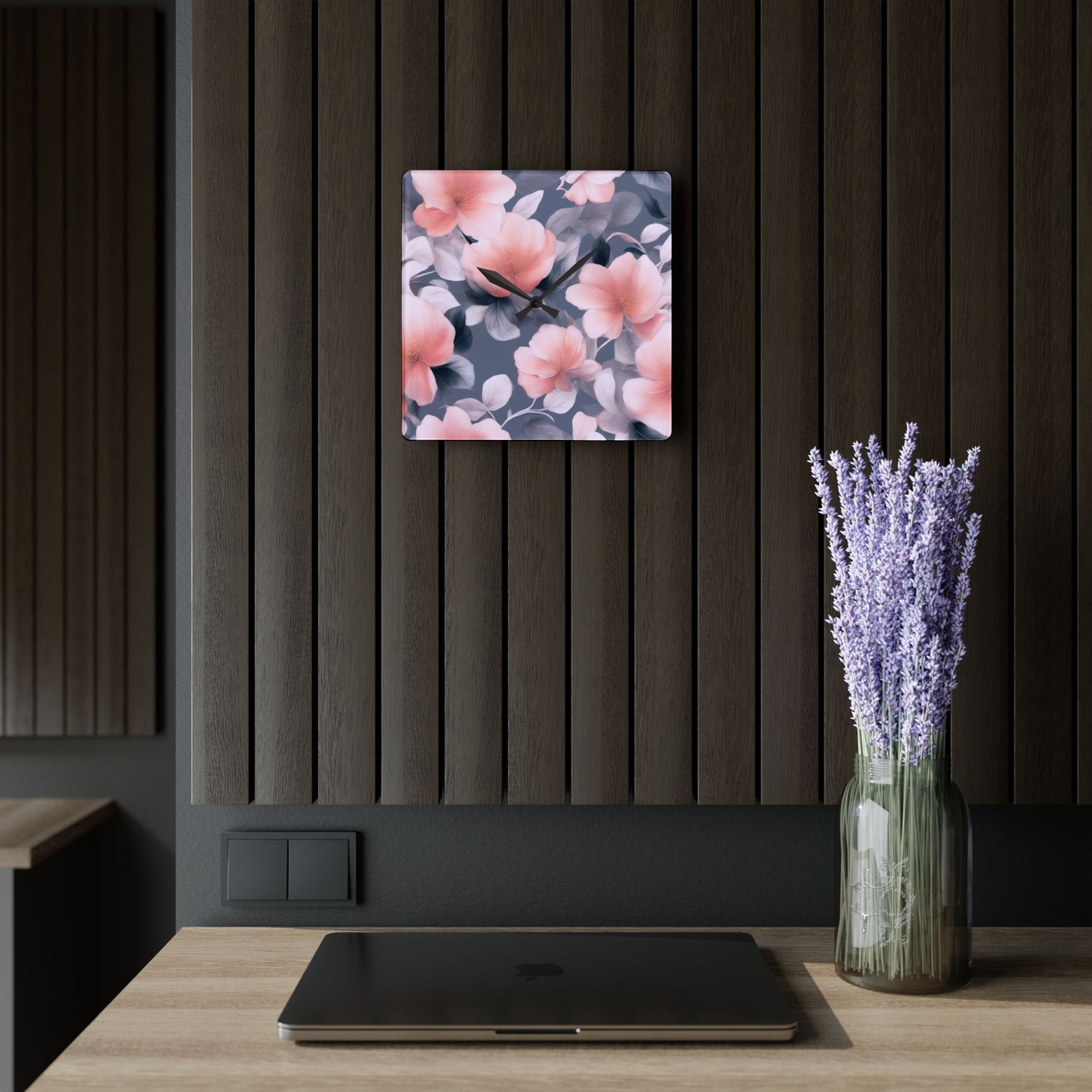 Peach and Blue Gray Floral Bunch Acrylic Wall Clock, Round or Square, 10.75" x 10.75"