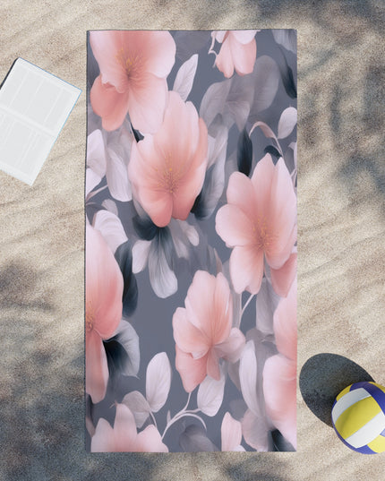 Peach and Blue Gray Floral Bunch Beach Towel, 30" x 60"