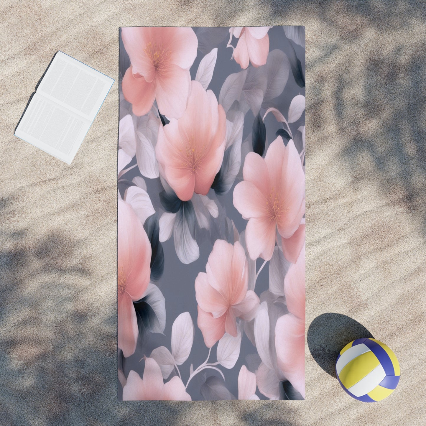 Peach and Blue Gray Floral Bunch Beach Towel, 30" x 60"