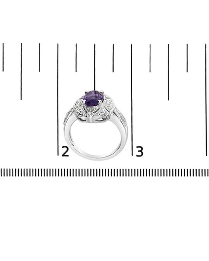 .925 Sterling Silver 9x7mm Oval Purple Amethyst and Round Diamond Accent Fashion Cocktail Ring (I-J Color, I1-I2 Clarity)