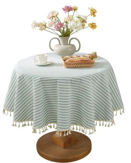 Meioro Striped Tablecloth Cotton Linen Table Cover Green 60 Inch