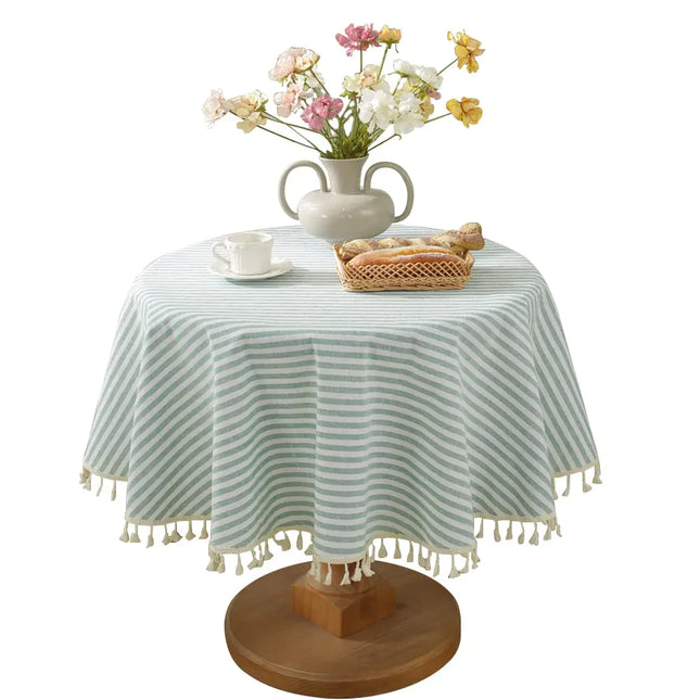 Meioro Striped Tablecloth Cotton Linen Table Cover Green 60 Inch