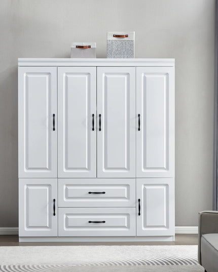 White Solid Wood Freestanding Wardrobe Closet for Clothes Storage. Bedroom Wardrobe Storage Cabinet featuring 2 Hanging Rod Shelves, 2 Drawers, and 5 Storage Compartments