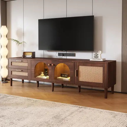 Rattan TV Stand, 3 Cabinets, 2 Drawers, Media Console Table, Tvs Up To 80'', LED Light