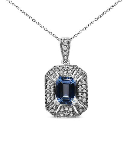 .925 Sterling Silver Blue Topaz and Diamond Accent Art Deco Style 18" Pendant Necklace (I-J Color, I1-I2 Clarity)