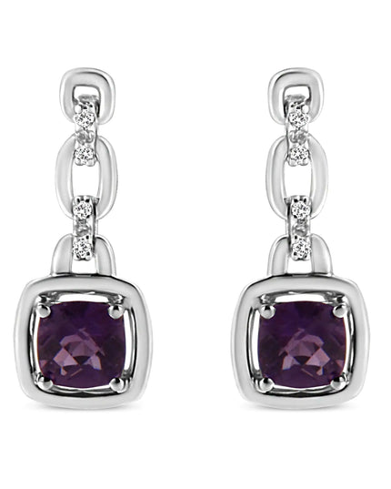 .925 Sterling Silver 6x6MM Cushion Shaped Natural Purple Amethyst and Diamond Accent Drop and Dangle Earrings (I-J Color, I1-I2 Clarity)