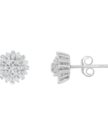 .925 Sterling Silver 1/2 Round and Baguette Diamond Sunburst Floral Cluster Stud Earrings (I-J Color, I3 Clarity)