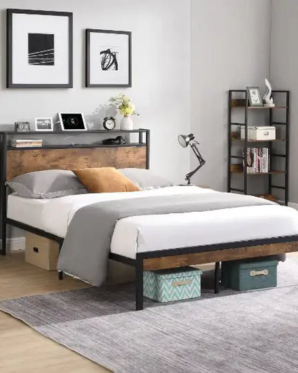 Metal Platform Bed Frame, Full Size, Wooden Headboard & Footboard, USB Ports, No Box
