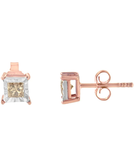 14K Rose Gold Plated Two-Tone .925 Sterling Silver 1/2 Cttw Princess-Cut Square Diamond Solitaire Miracle-Plate Stud Earrings (K-L Color, I2-I3 Clarity)