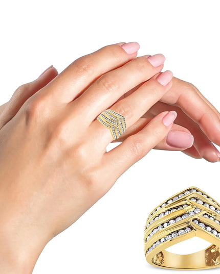 10K Yellow Gold Plated .925 Sterling Silver 1 1/2 Cttw Diamond Channel Band (Champagne Color, I2-I3 Clarity) Ring