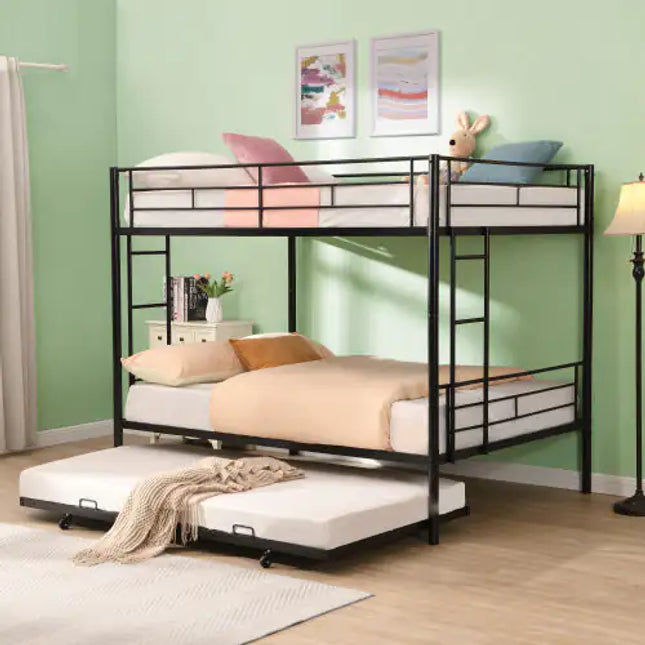 Metal Bunk Bed With Trundle, Full Over Full, No Box Spring Needed, Easy Assembly