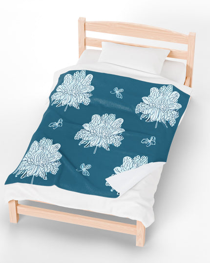 Tif Green White Floral Butterflies Velveteen Plush Blanket, 50" x 60"